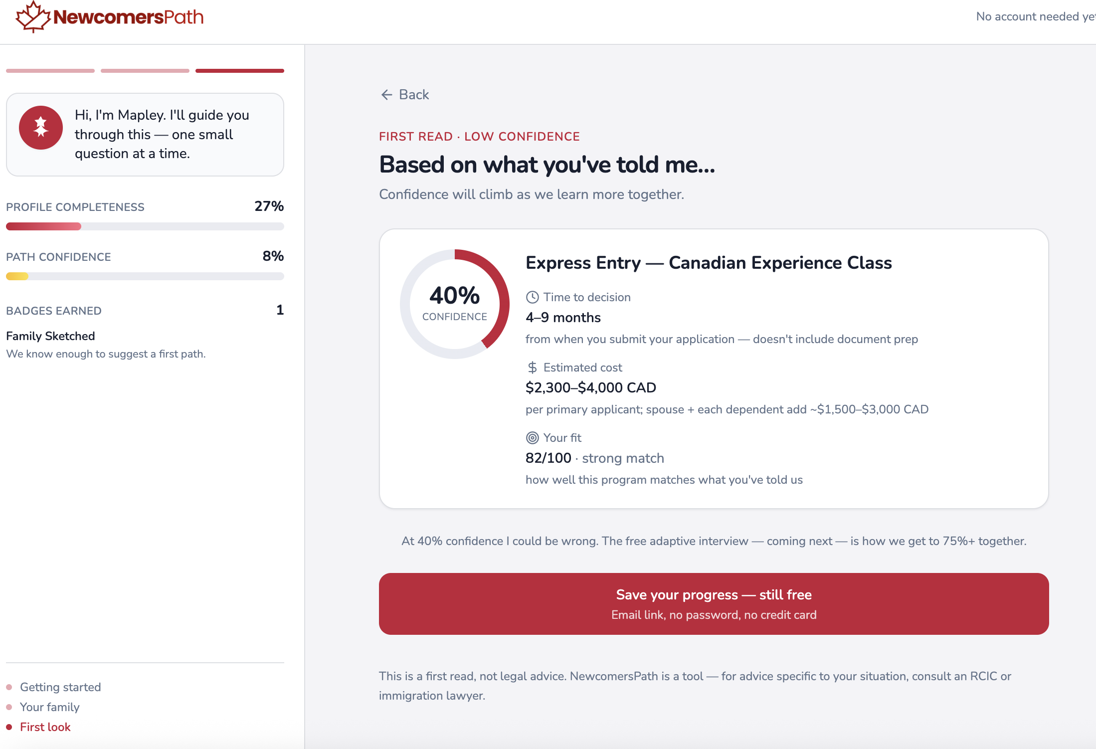First path recommendation showing Express Entry Canadian Experience Class at 40% confidence