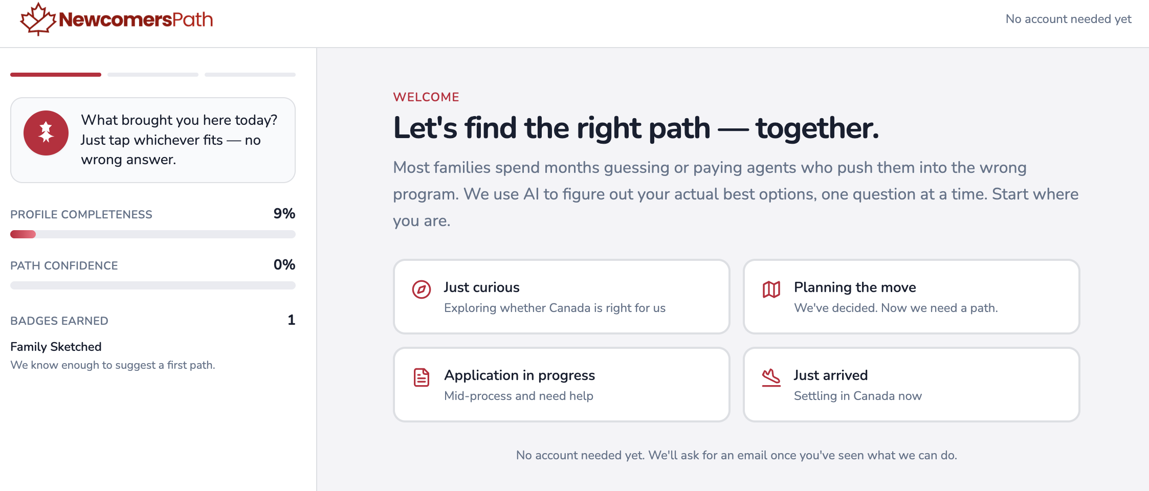 NewcomersPath welcome screen with four path options