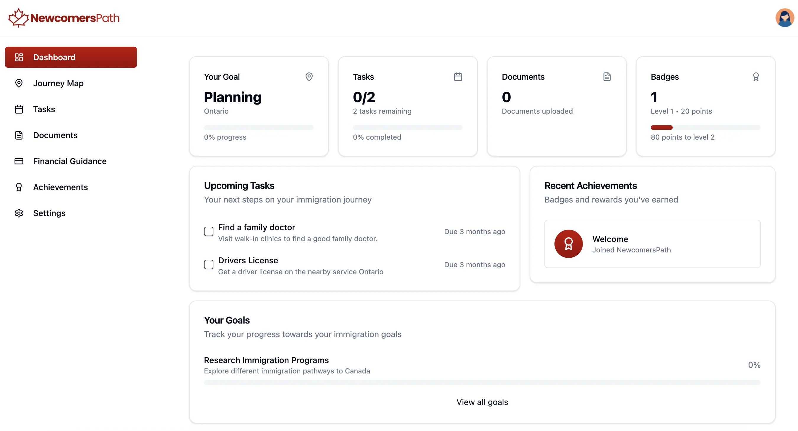 NewcomersPath Dashboard - Track your immigration journey